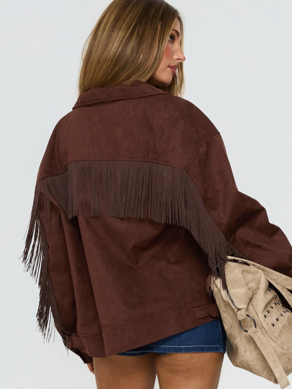 Princess Polly Goldsmith Faux Suede Fringe Bomber Jacket Brown US 6 - Picture 2 of 12
